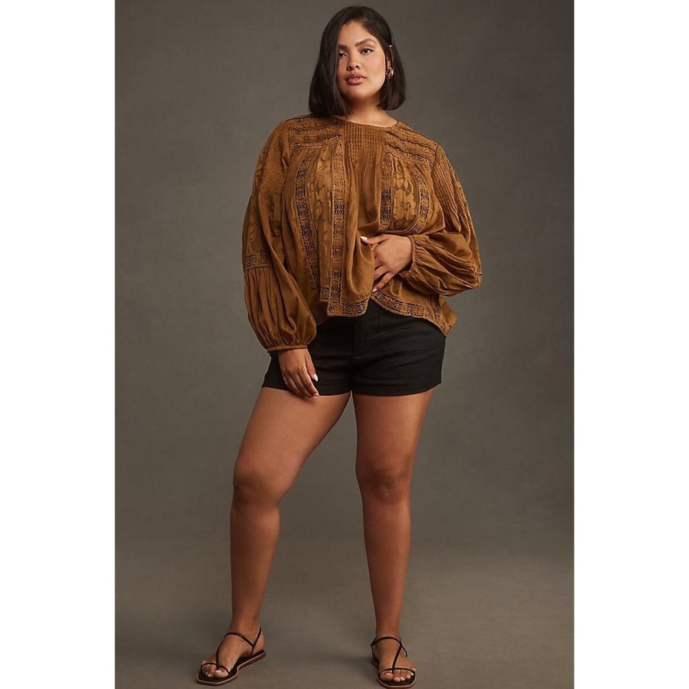 Forever That Girl Bronze Lace Pintuck Balloon Sleeve Blouse Top Medium NWT